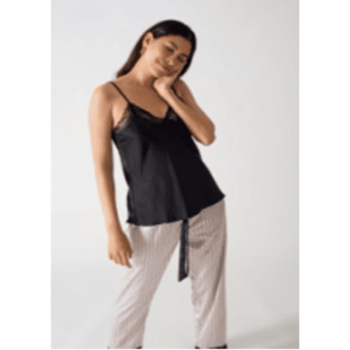 Soft Striped Trousers And Black Shirt With Straps Pyjama Set