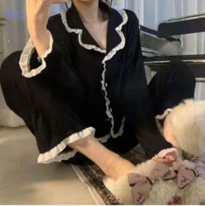 طقم ملابس نوم نسائية مكون من قطعتين، مثير من الدانتيل بأكمام طويلة، بنطلون طويل، بسيط 2555