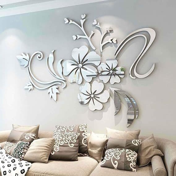 Elegant Floral Acrylic Wall Décor - 100X75 Cm, Silver Mirror Finish, Stylish Modern Home Accent ,Sl086