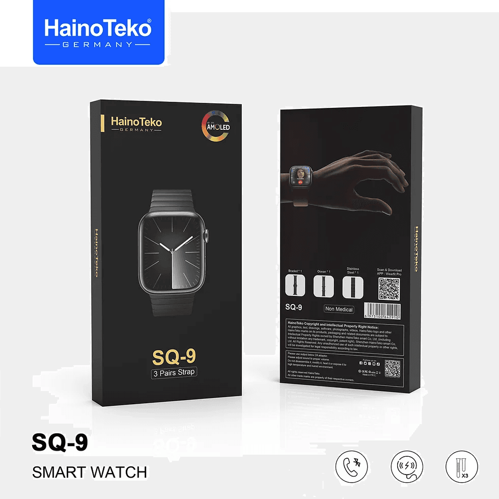 Smart Watch SQ - 9 Full Screen AMOLED Display With 3 Pair Straps and Wireless Charger For Ladies and Gents